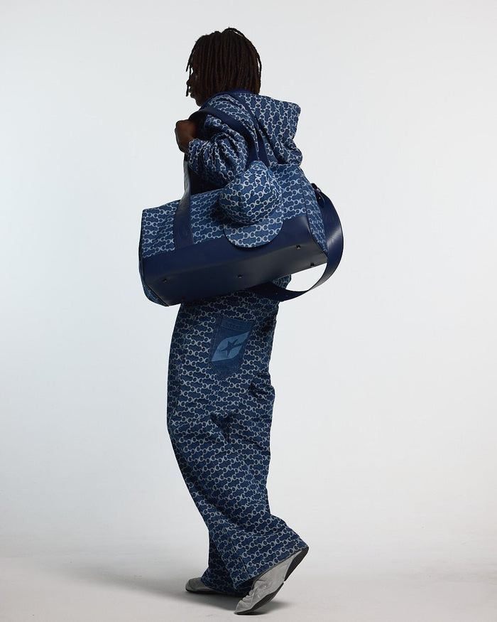FEVER PANTS V3 BLUE - blue monogram denim pants, back view on male model - Cold Culture #man
