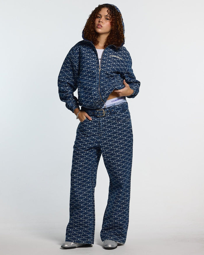 FEVER PANTS V3 BLUE - blue monogram denim pants, front view on female model - Cold Culture #woman