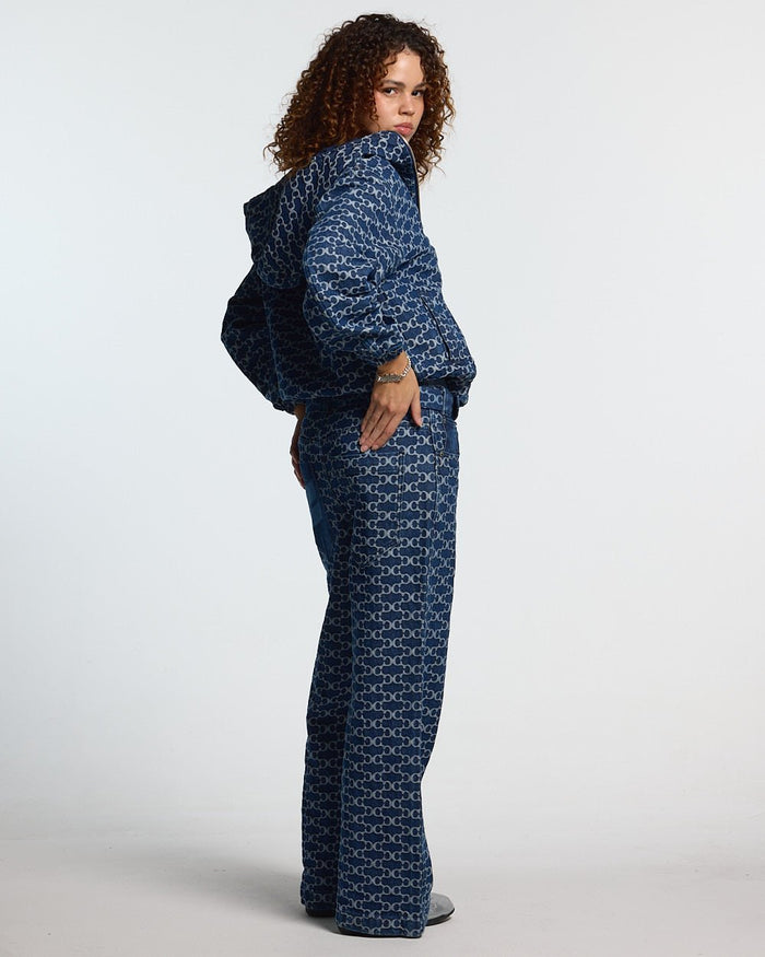FEVER PANTS V3 BLUE - blue monogram denim pants, back view on female model - Cold Culture #woman
