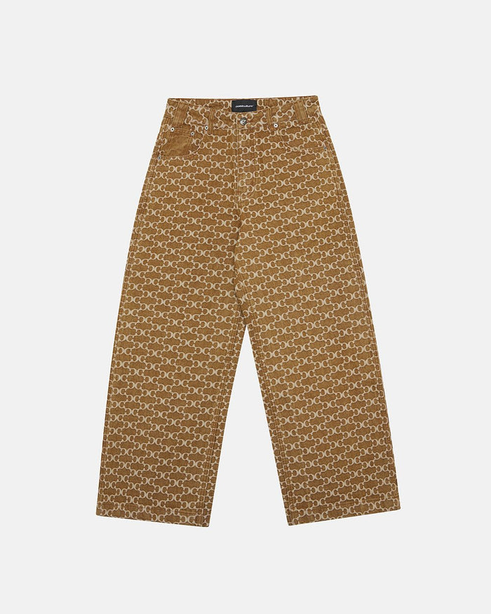 FEVER PANTS V3 BROWN - brown monogram denim pants, front view - Cold Culture