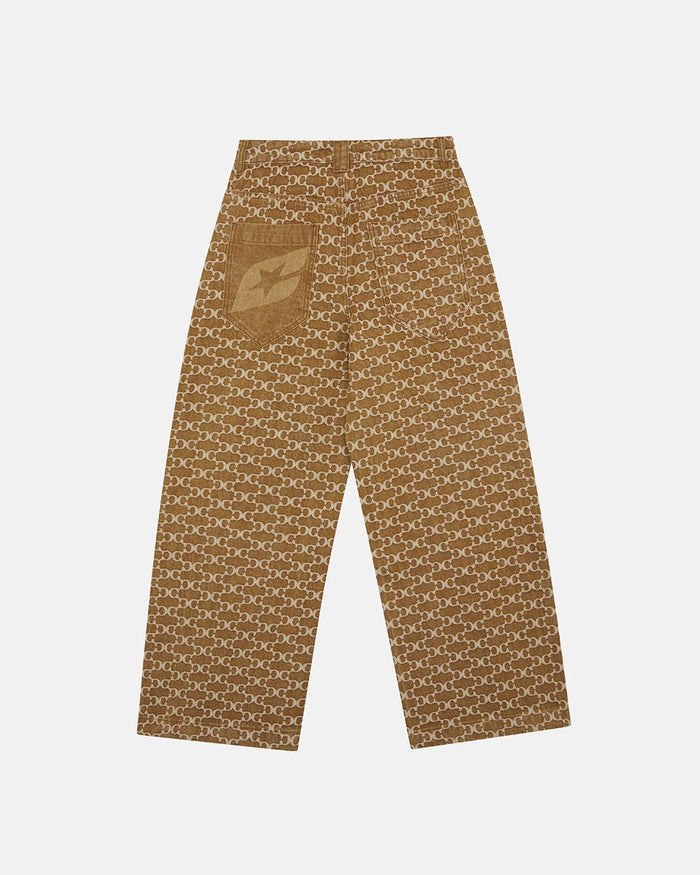 FEVER PANTS V3 BROWN - brown monogram denim pants, back view - Cold Culture