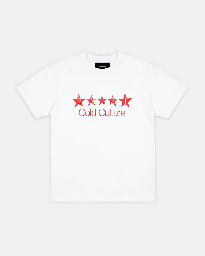 FIVE STARS TEE WHITE - white graphic print tee, front view - Cold Culture