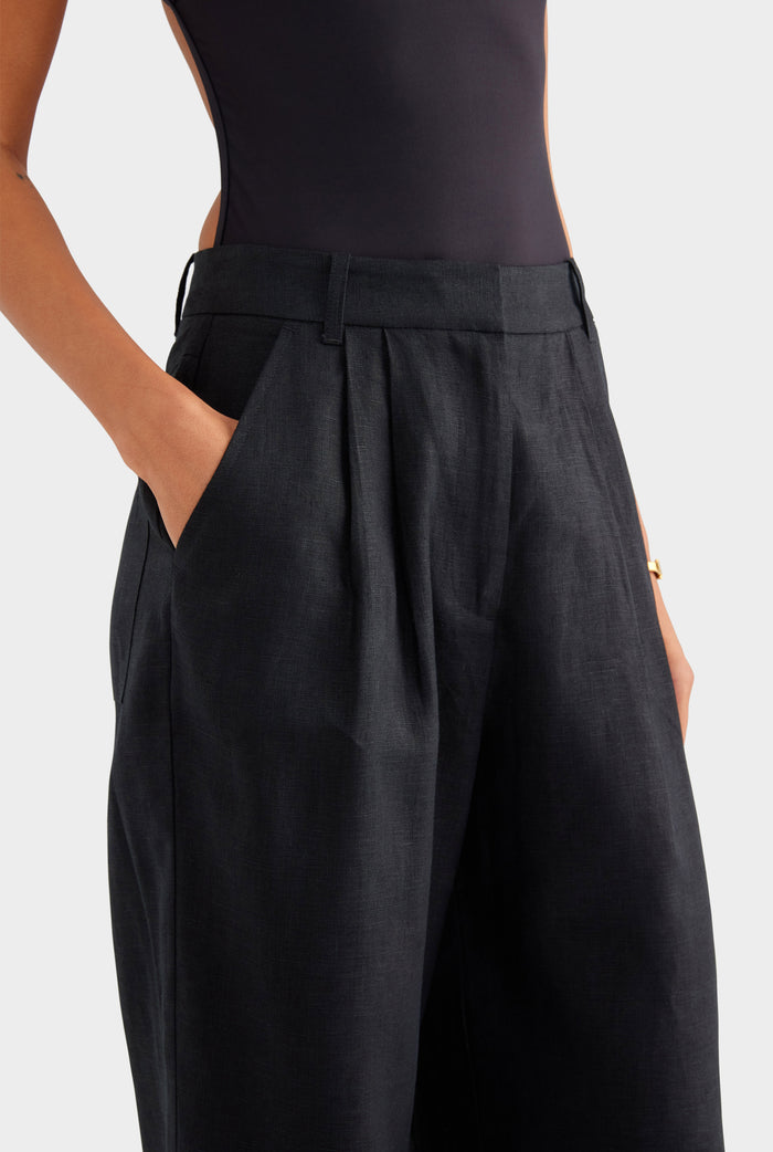 Fixed Waist Linen Trouser - Black