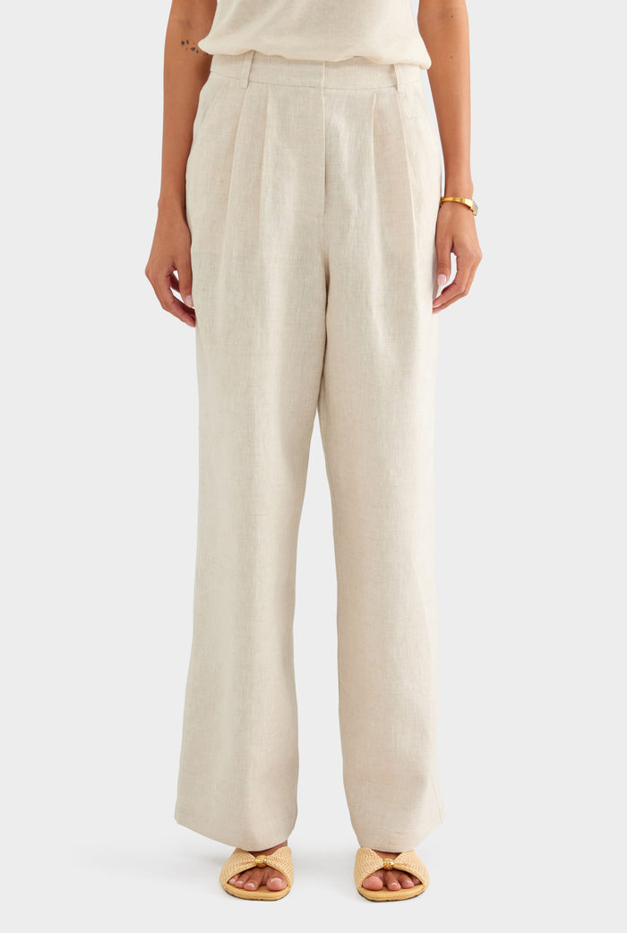 Fixed Waist Linen Trouser - Sand