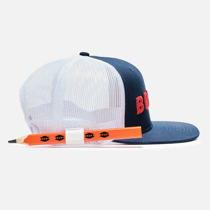 Right side of flat brim work hat with built in pencil holder and BRUNT logo in navy blue and red * 0