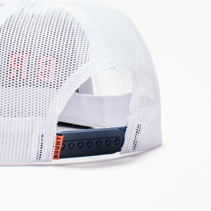 Back snaps of flat brim work hat with built in pencil holder and BRUNT logo in navy blue and red * 0