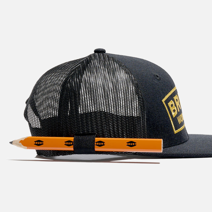 View 2 right side of flat brim work hat with built in pencil holder and BRUNT logo in black and gold * 1