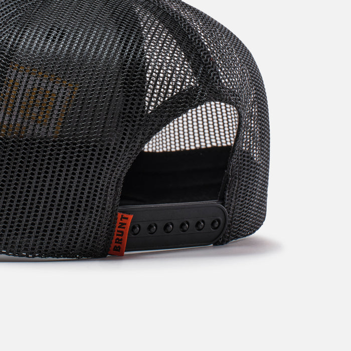 Back snaps of flat brim work hat with built in pencil holder and BRUNT logo in black and gold * 1