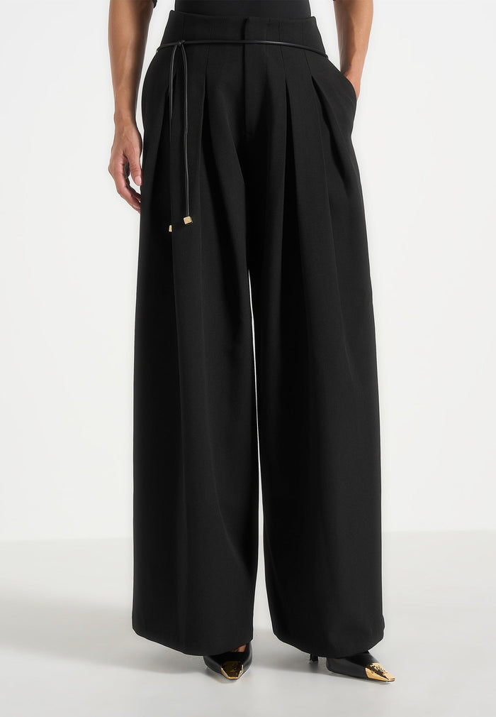 flora-box-pleat-wide-leg-belted-trousers-black