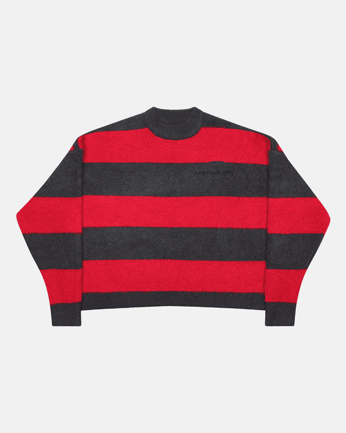 FLUFFY FUR KNIT BLACK & RED - black and red striped knit sweater, front view - Cold Culture