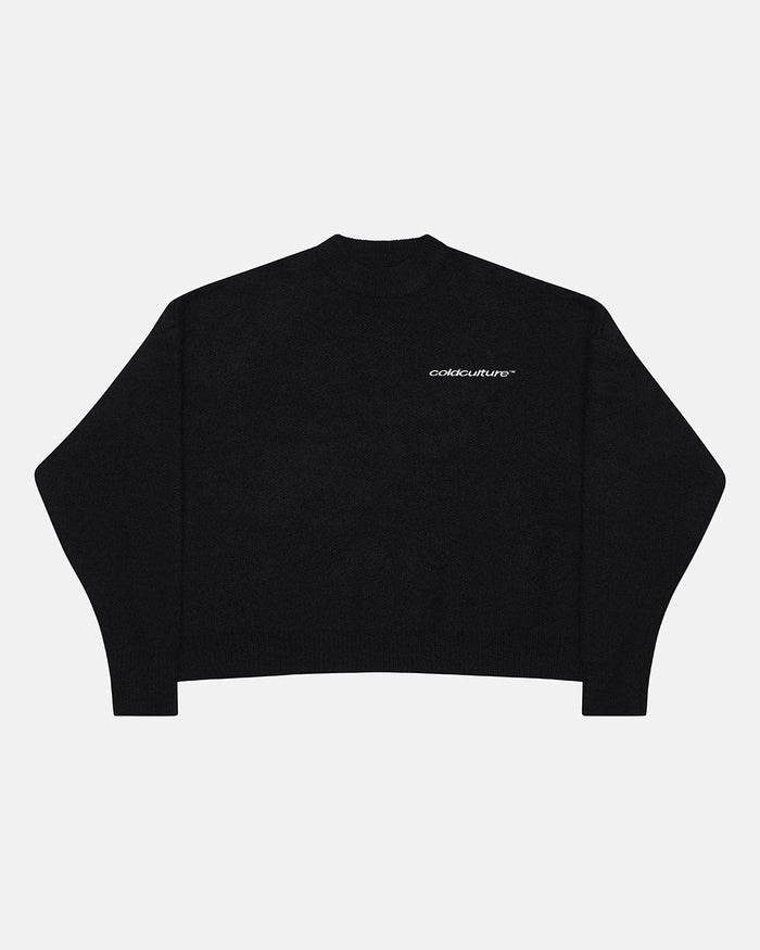 FLUFFY FUR KNIT BLACK - black fuzzy knit sweater, front view - Cold Culture