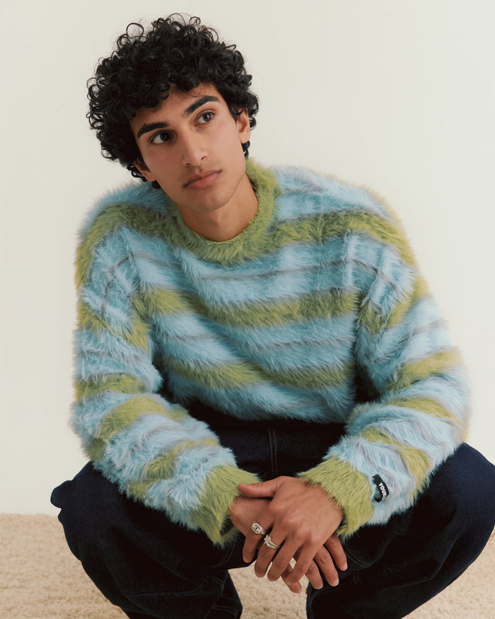 Fluffy Knit Crew Sweater | Blue Stripe
