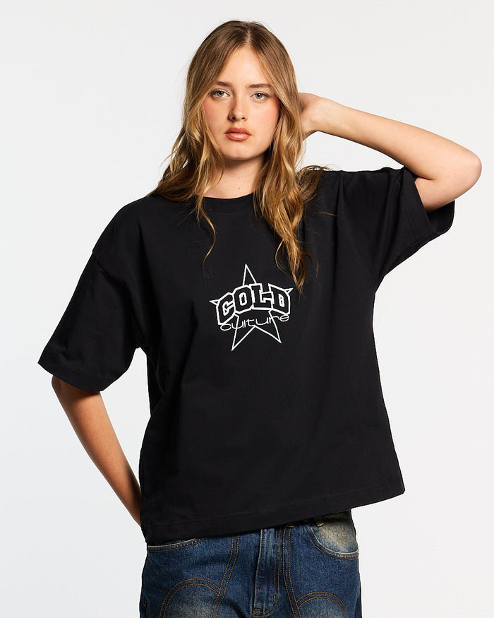 FROM COLD TO THE STARS TEE BLACK - black graphic print tee, front view on female model - Cold Culture #woman