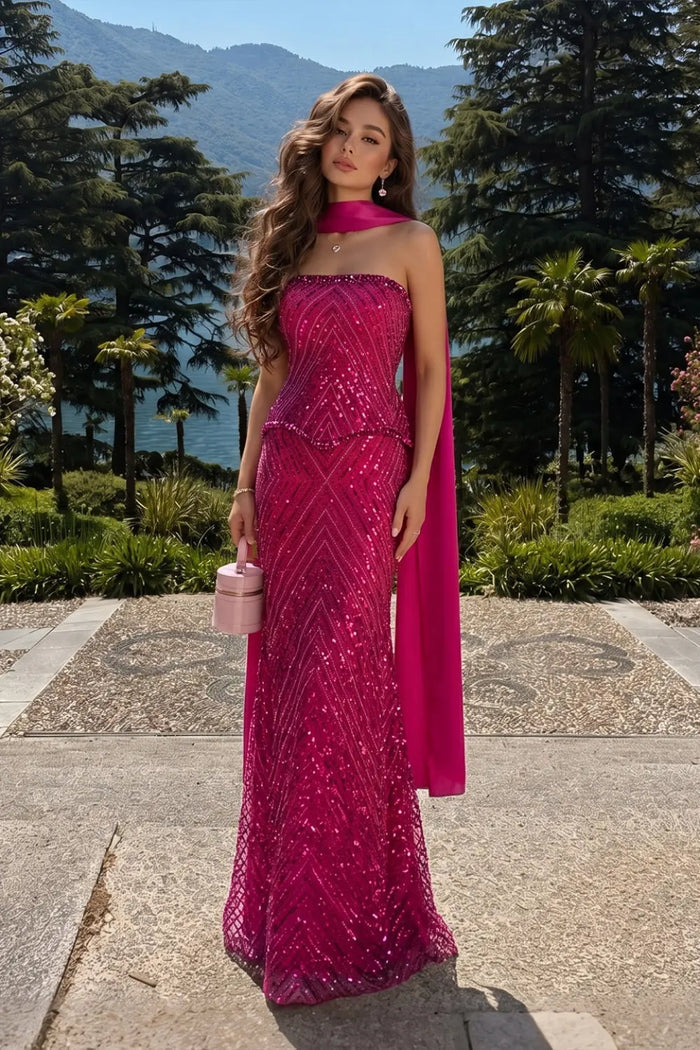 Luxury Strapless Full Bead Mermaid Evening Dress Chevron Glitter Sequin Floor Length Gown With Flowing Neck Sash For Wedding Guest Banquet Prom Night ST003 Sheer Fairy