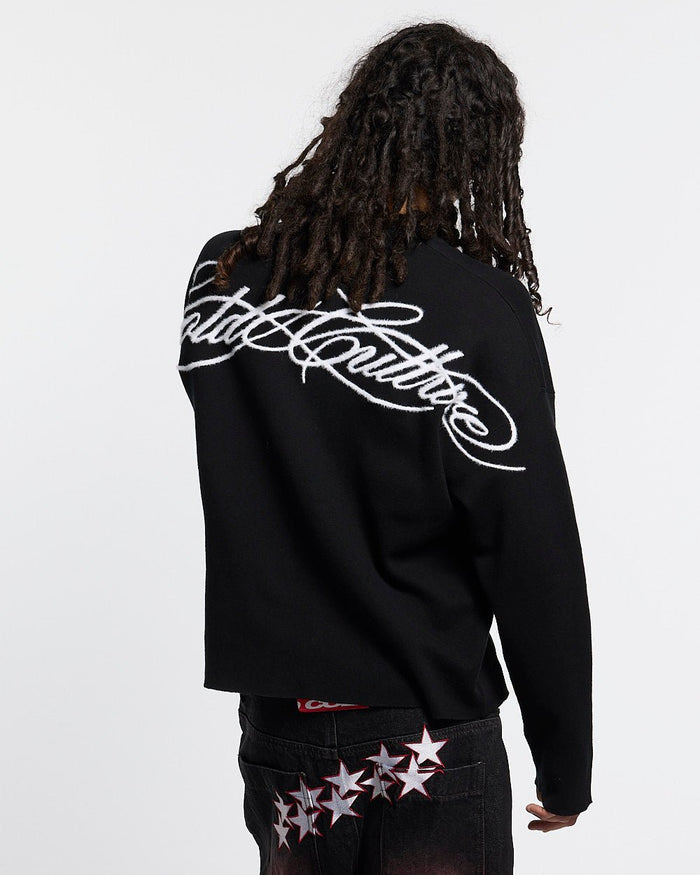 FURRY SCRIPT KNIT BLACK - black fuzzy script knit sweater, back view on male model - Cold Culture #man