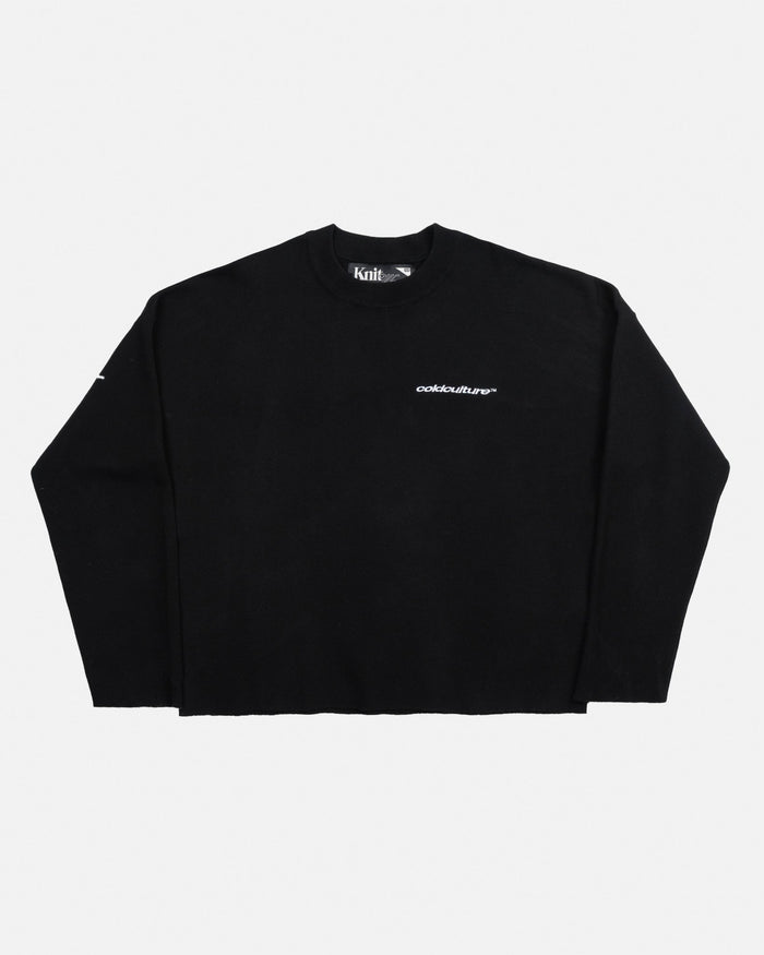 FURRY SCRIPT KNIT BLACK - black fuzzy script knit sweater, front view - Cold Culture