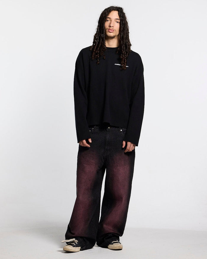 FURRY SCRIPT KNIT BLACK - black fuzzy script knit sweater, front view on male model - Cold Culture #man