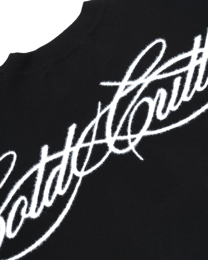 FURRY SCRIPT KNIT BLACK - black fuzzy script knit sweater, detail close-up - Cold Culture