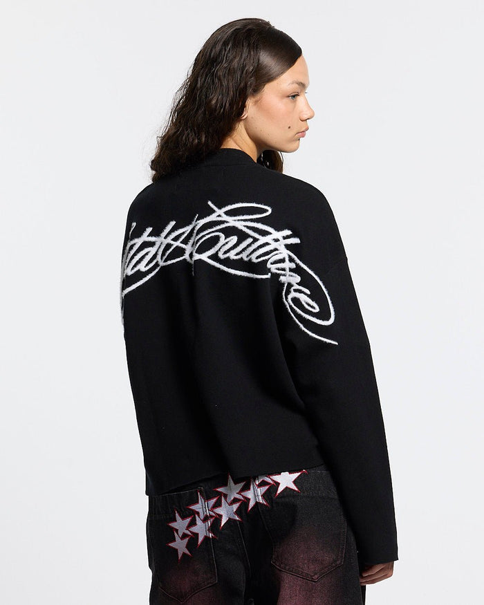 FURRY SCRIPT KNIT BLACK - black fuzzy script knit sweater, back view on female model - Cold Culture #woman