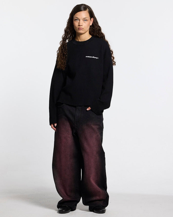 FURRY SCRIPT KNIT BLACK - black fuzzy script knit sweater, front view on female model - Cold Culture #woman