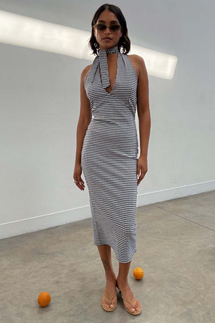 Black and white Gingham Halterneck Dress with a retro halter neck and matching neck scarf.