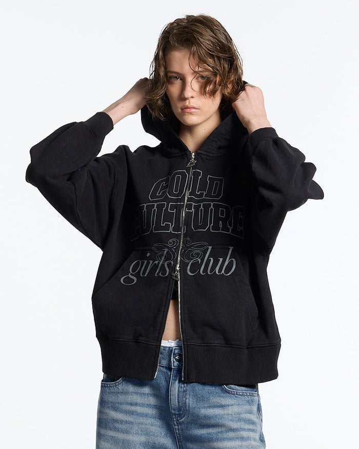 GIRLS CLUB ZIP HOODIE BLACK - black women's zip-up hoodie, front view on female model - Cold Culture #woman