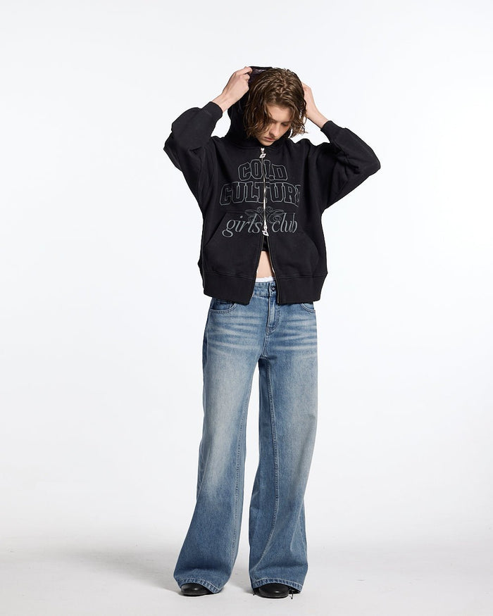 GIRLS CLUB ZIP HOODIE BLACK - black women's zip-up hoodie, front view on female model - Cold Culture