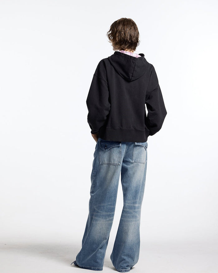 GIRLS CLUB ZIP HOODIE BLACK - black women's zip-up hoodie, back view on female model - Cold Culture