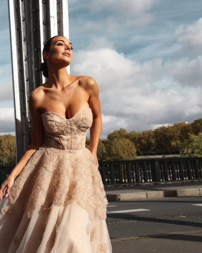 Glamorous Champagne Multi-Layer Tulle Floral Beaded Strapless Midi Homecoming Dress RM231 Sheer Fairy