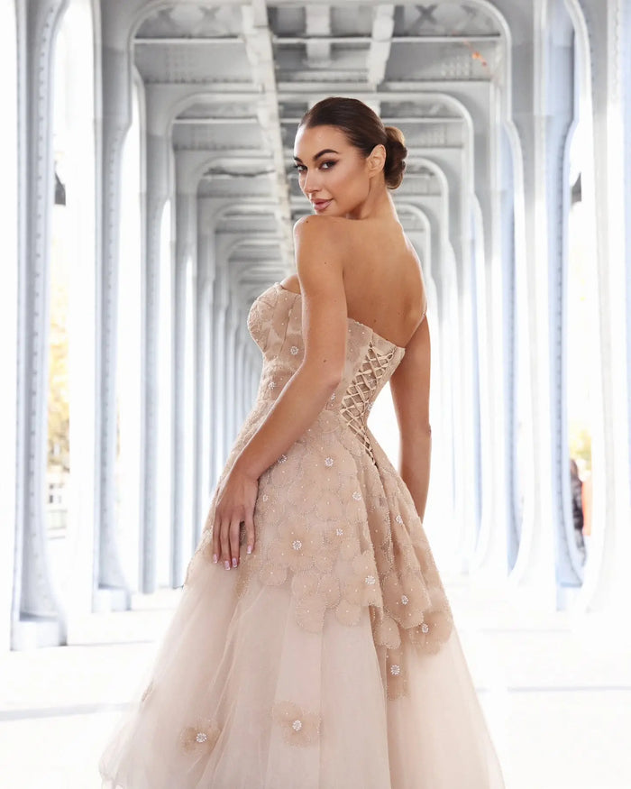 Glamorous Champagne Multi-Layer Tulle Floral Beaded Strapless Midi Homecoming Dress RM231 Sheer Fairy