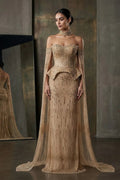 Gold Beaded Off-the-Shoulder Peplum Mermaid Evening Gown with Cape Sleeves & Choker SS558 Sheer Fairy