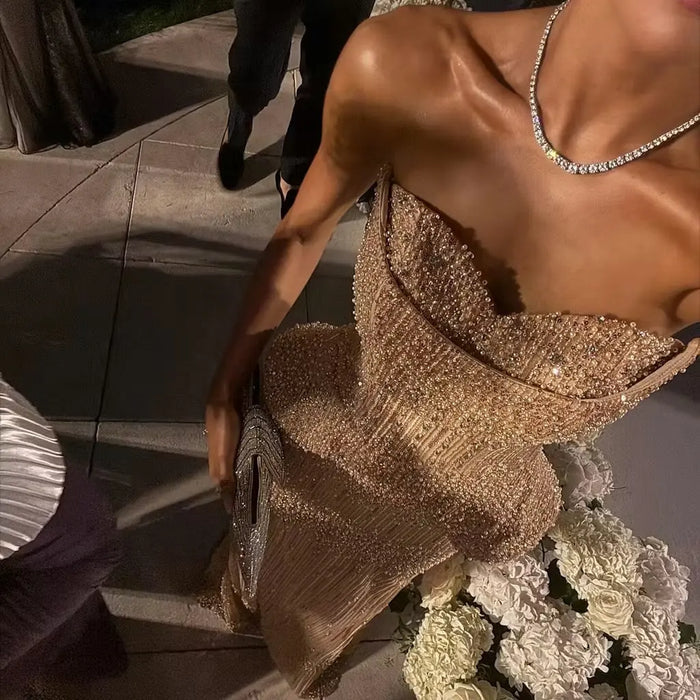 Gold Beaded Off-the-Shoulder Peplum Mermaid Evening Gown with Cape Sleeves & Choker SS558 Sheer Fairy