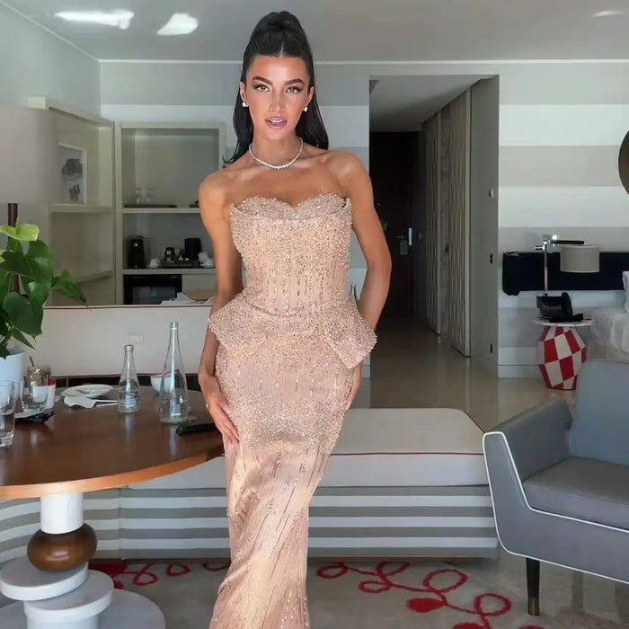 Gold Beaded Off-the-Shoulder Peplum Mermaid Evening Gown with Cape Sleeves & Choker SS558 Sheer Fairy