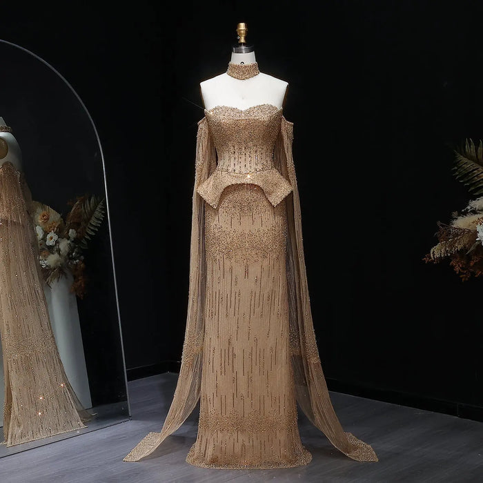Gold Beaded Off-the-Shoulder Peplum Mermaid Evening Gown with Cape Sleeves & Choker SS558 Sheer Fairy
