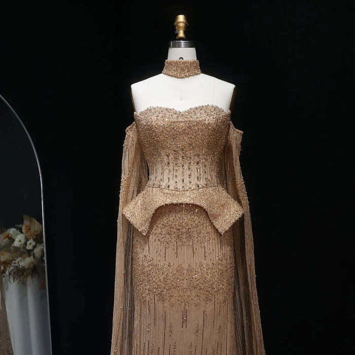 Gold Beaded Off-the-Shoulder Peplum Mermaid Evening Gown with Cape Sleeves & Choker SS558 Sheer Fairy