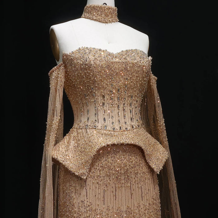 Gold Beaded Off-the-Shoulder Peplum Mermaid Evening Gown with Cape Sleeves & Choker SS558 Sheer Fairy
