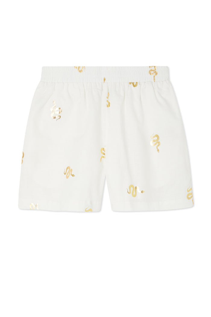 Gold Snake Elissa Shorts in white featuring an all-over metallic foil snake print and an elasticated waistband.