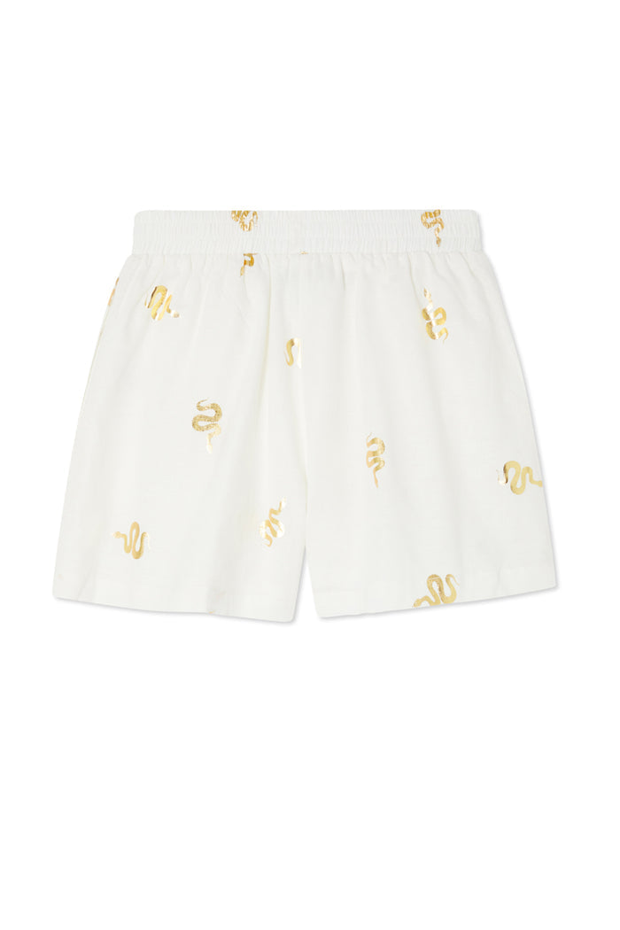 White Gold Snake Elissa Shorts featuring an iconic gold foil snake print and elasticated waistband.