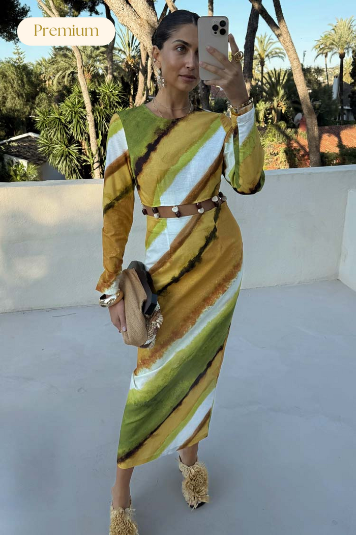 Green Ombre Alba Dress with earthy tones, long sleeves, waist cutouts and natural stone beading.