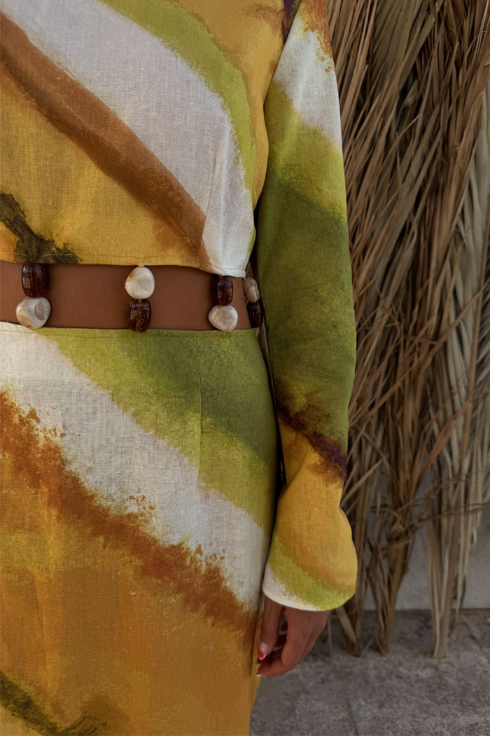 Green Ombre Alba Dress in earthy yellow and green tones with natural stone beading and waist cut-out detail.