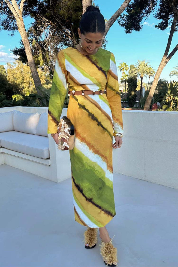 Green Ombre Alba Dress featuring earthy green and yellow tones, long sleeves and natural stone beading.