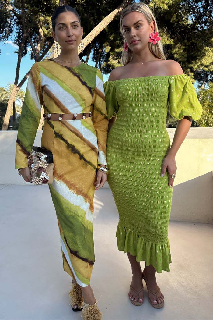 Green Ombre Alba Dress with earthy tones and beaded waist cut-outs, shown on two models for inclusive sizing.