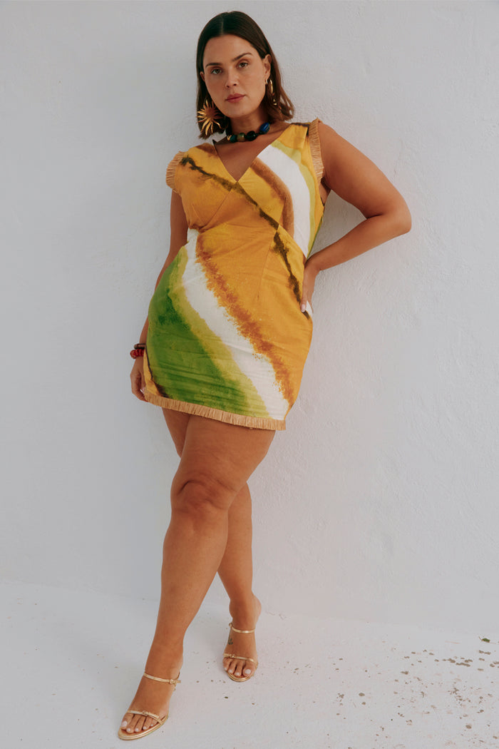 Green Ombre Deia Mini Dress with earthy tones and raffia trim, highlighting inclusive sizing and curve fashion.