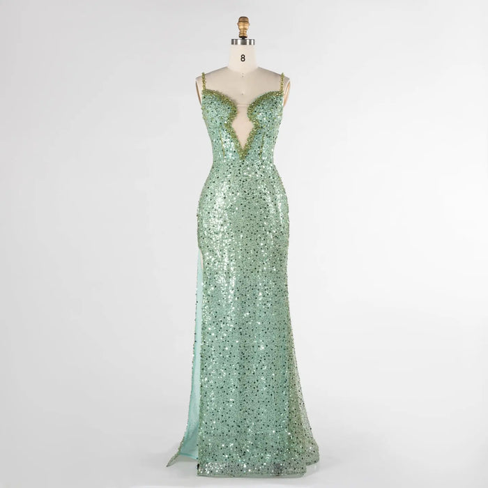 Green Plunging Neckline Evening Dress Sequin Spaghetti Strap Slit Gown ST029 Sheer Fairy