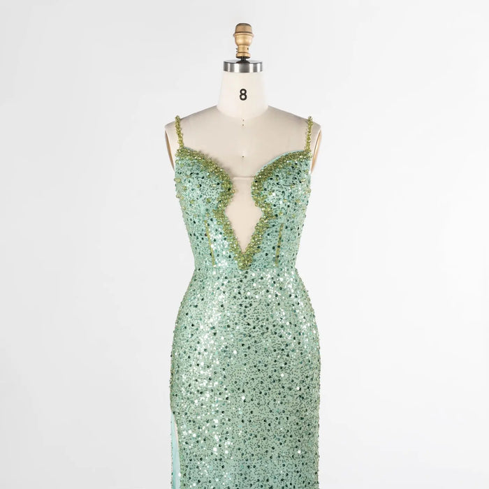 Green Plunging Neckline Evening Dress Sequin Spaghetti Strap Slit Gown ST029 Sheer Fairy