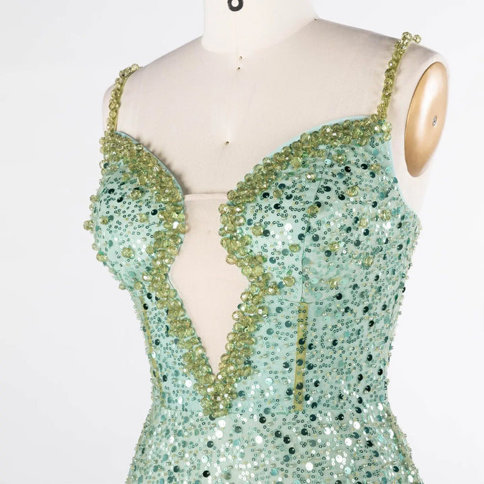 Green Plunging Neckline Evening Dress Sequin Spaghetti Strap Slit Gown ST029 Sheer Fairy
