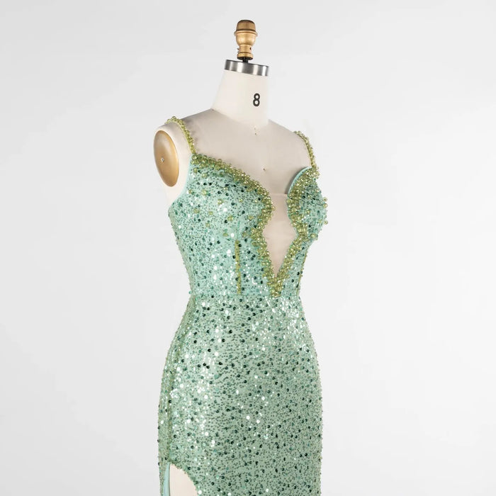Green Plunging Neckline Evening Dress Sequin Spaghetti Strap Slit Gown ST029 Sheer Fairy