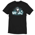 Men's Premium T-Shirt_TeeTurtle Grim and Kitties black t-shirt featuring a hooded skeleton figure, resembling a spooky Grim Reaper, standing surrounded by glowing ghostly cats. One cat is perched on its head while it playfully dangles a toy fish in front of the others.
