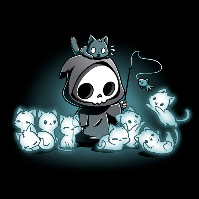 Women's Premium T-Shirt_TeeTurtle Grim and Kitties black t-shirt featuring a hooded skeleton figure, resembling a spooky Grim Reaper, standing surrounded by glowing ghostly cats. One cat is perched on its head while it playfully dangles a toy fish in front of the others.