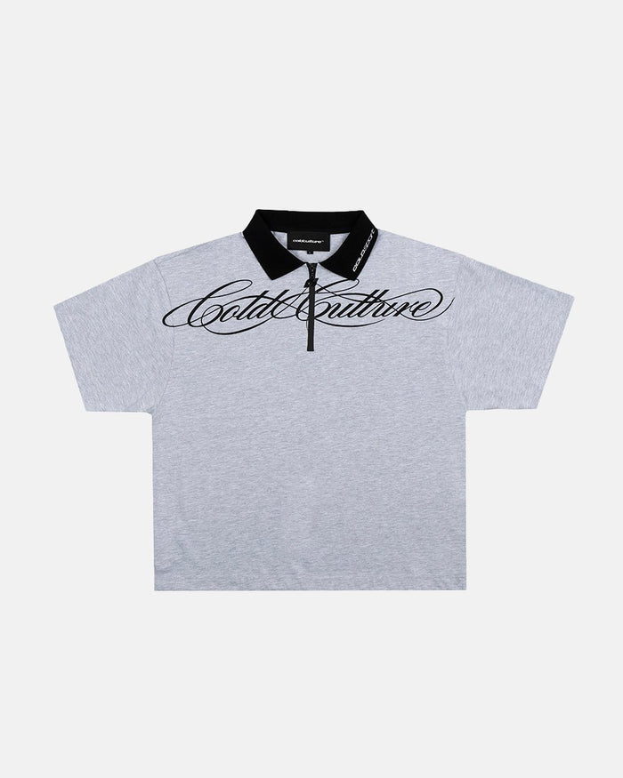 HEAT GYM POLO GREY - grey zip polo shirt, front view - Cold Culture